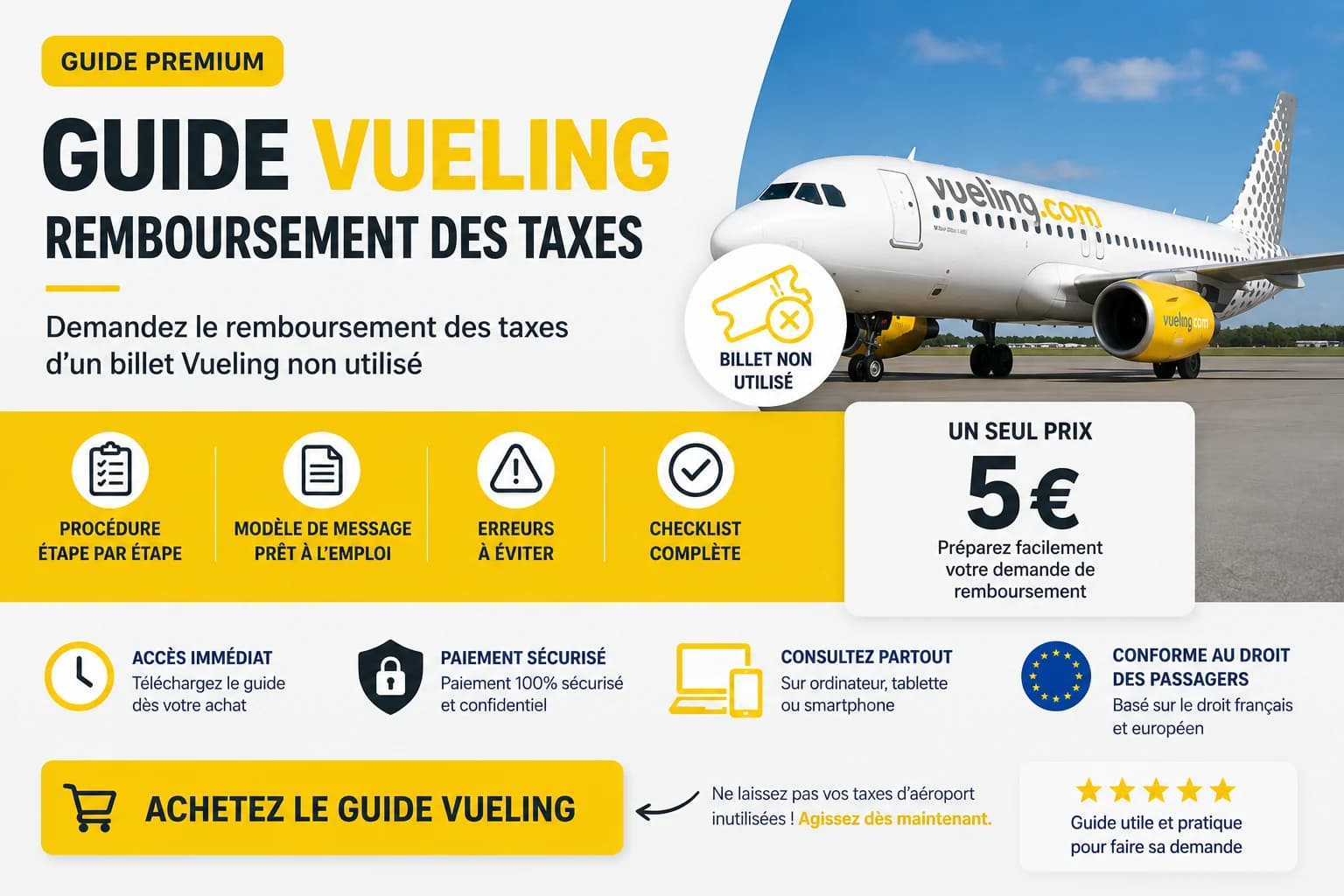 Guide Vueling pour demander le remboursement des taxes d’un billet non utilisé