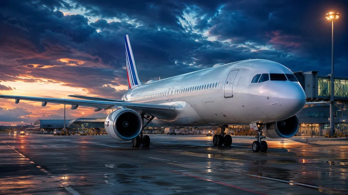 Avion Air France au sol devant l'aérogare, illustrant le remboursement des taxes Air France