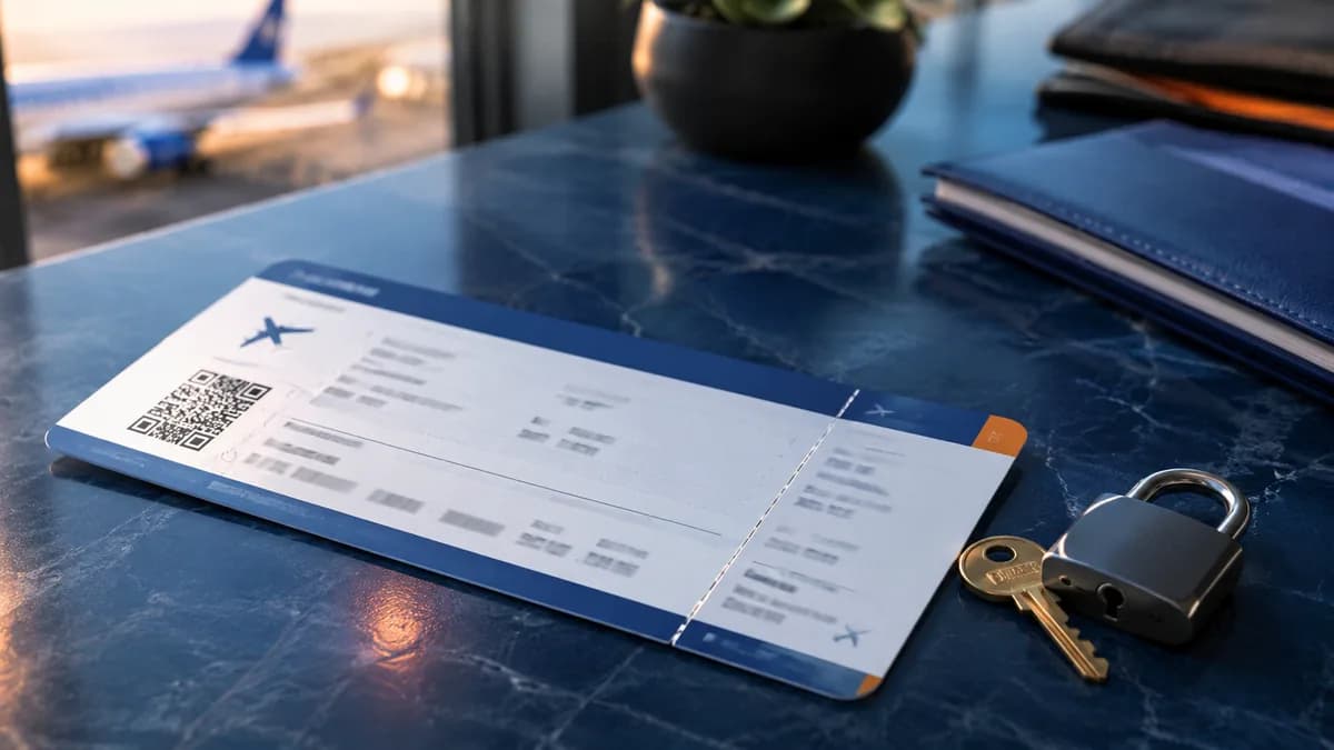 Billet d'avion avec un cadenas et une clé, illustrant un billet d'avion non remboursable