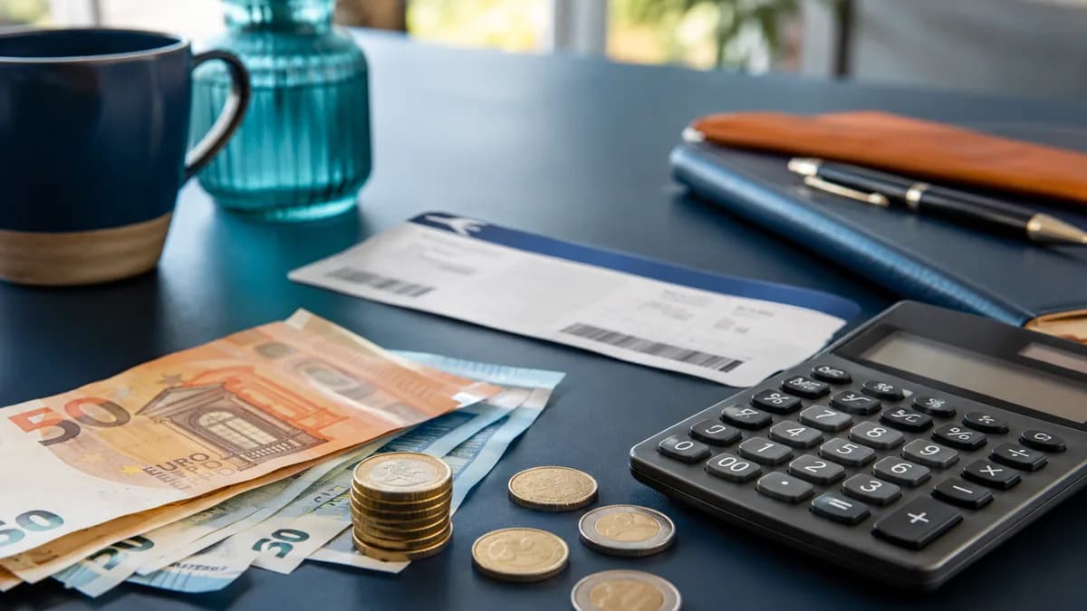 Billet d'avion, calculatrice et billets de banque pour estimer le montant des taxes récupérables