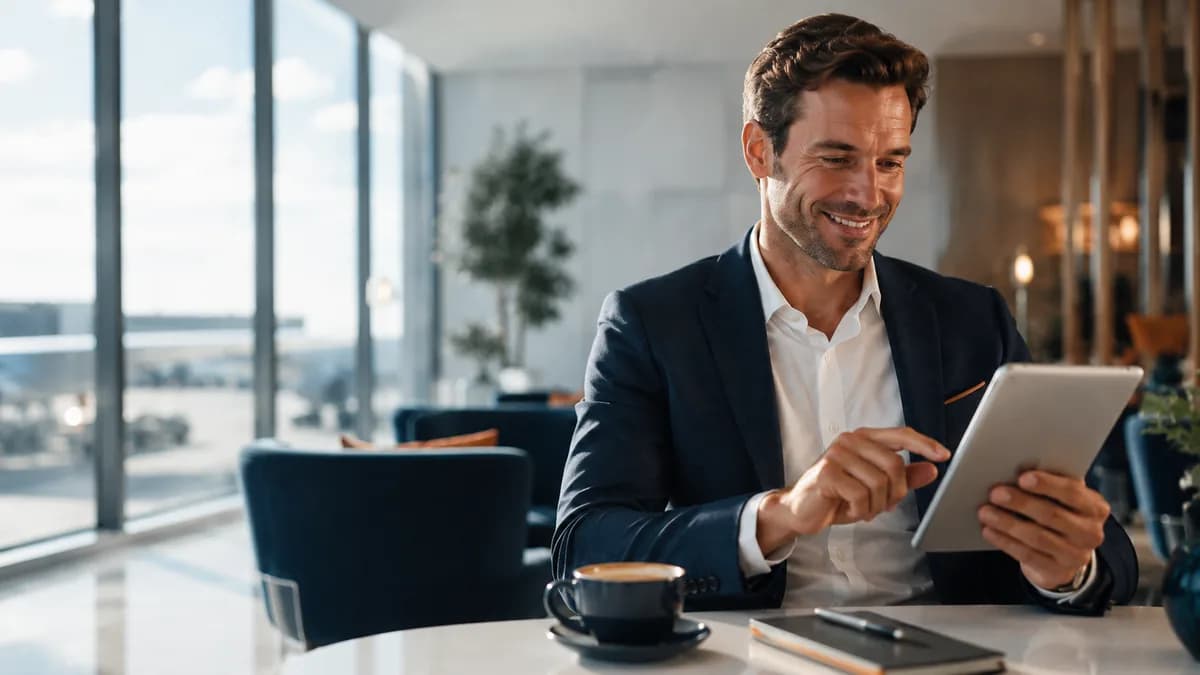 Homme consultant une tablette pour comprendre la procédure de remboursement des taxes d'avion