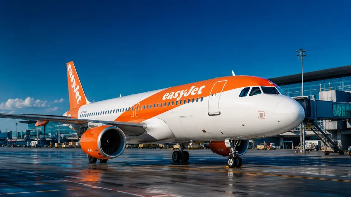Avion easyJet orange au sol devant l'aérogare, illustrant le remboursement des taxes easyJet