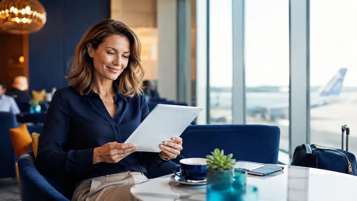 Femme consultant une tablette dans un salon d'aéroport pour accéder aux guides premium de remboursement des taxes