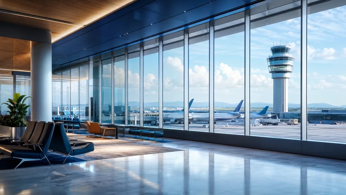 Hall d'aéroport avec vue sur la tour de contrôle, illustrant le remboursement des taxes d'aéroport