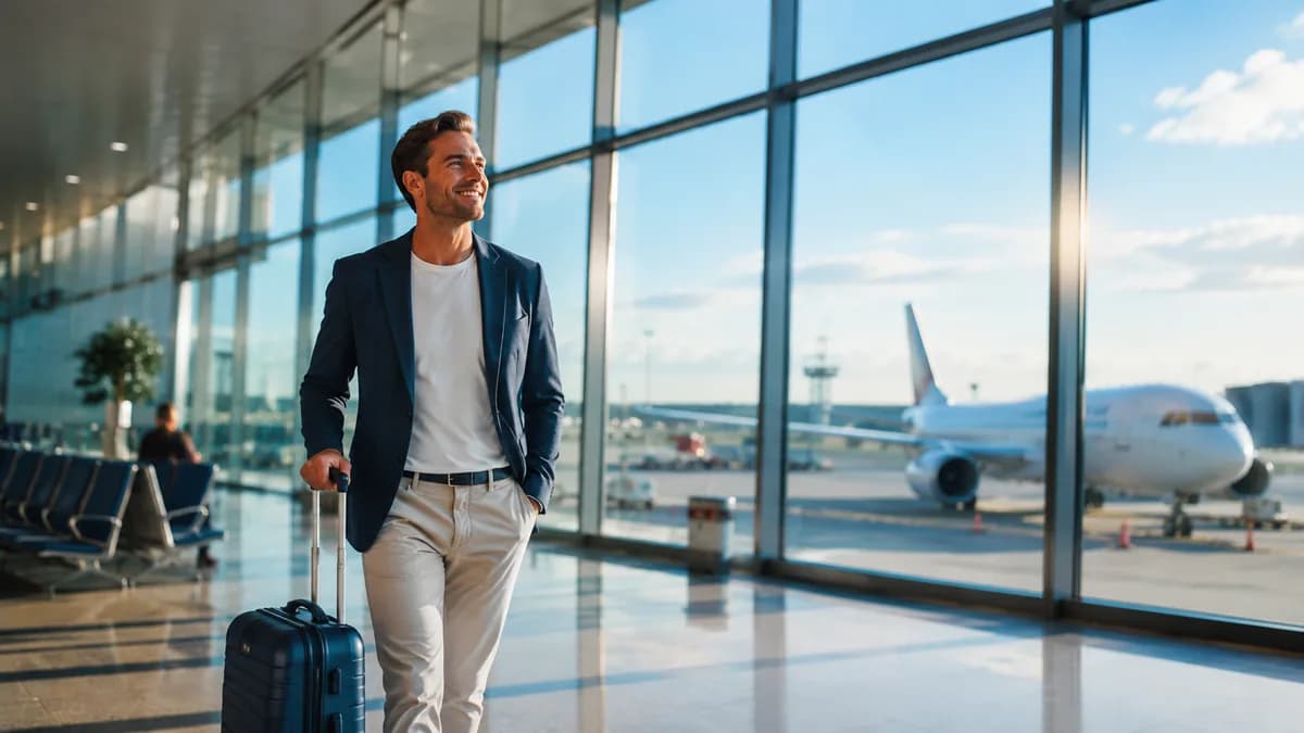 Voyageur avec valise dans un aéroport, illustrant le remboursement des taxes d'un billet d'avion non utilisé
