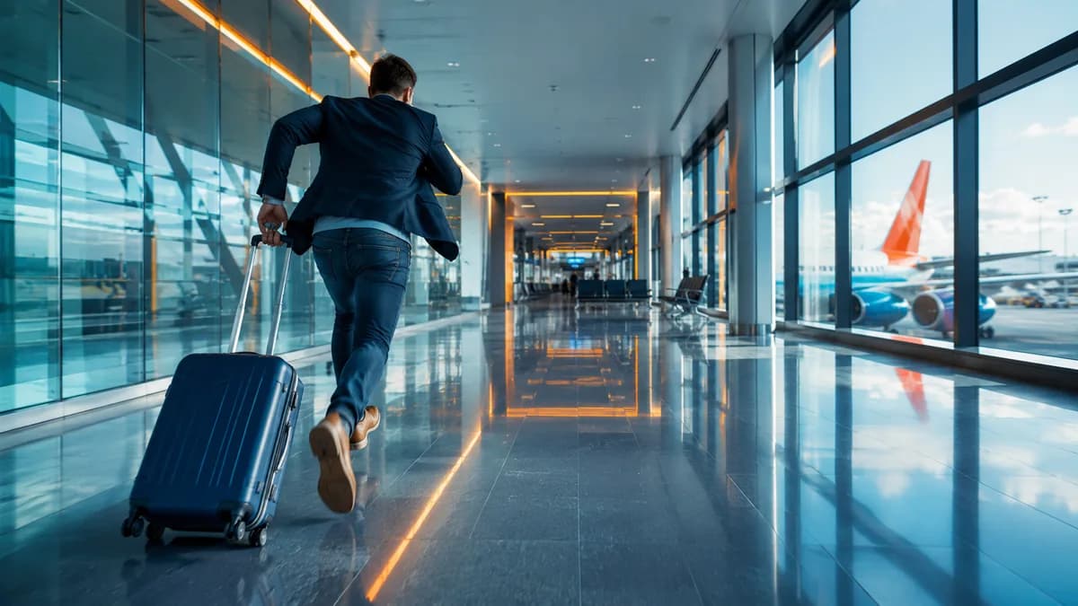 Homme courant avec une valise dans un aéroport, illustrant un vol raté et sa demande de remboursement des taxes