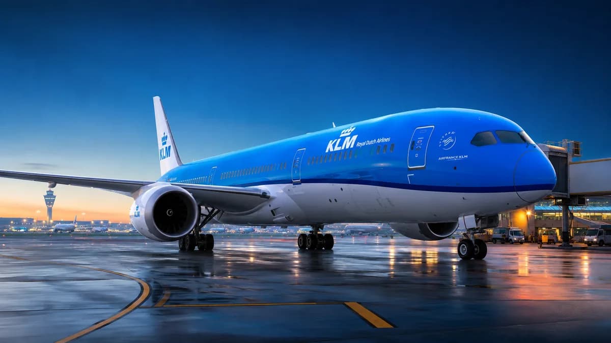 Avion KLM au sol devant l'aérogare, illustrant le remboursement des taxes KLM